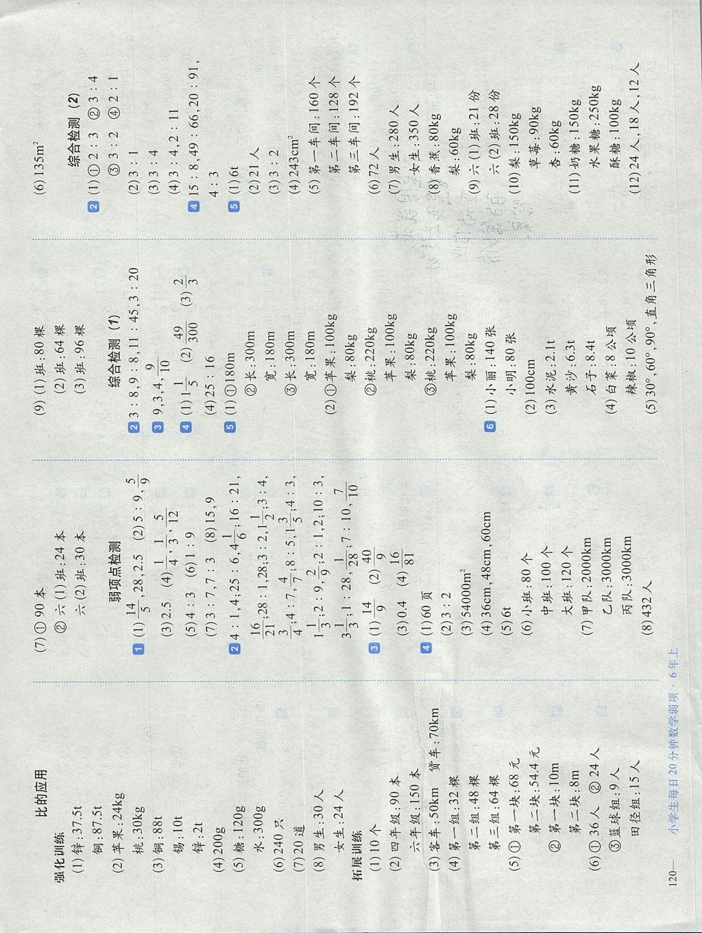 2017年小学生每日20分钟数学弱项六年级上册人教版 参考答案第6页