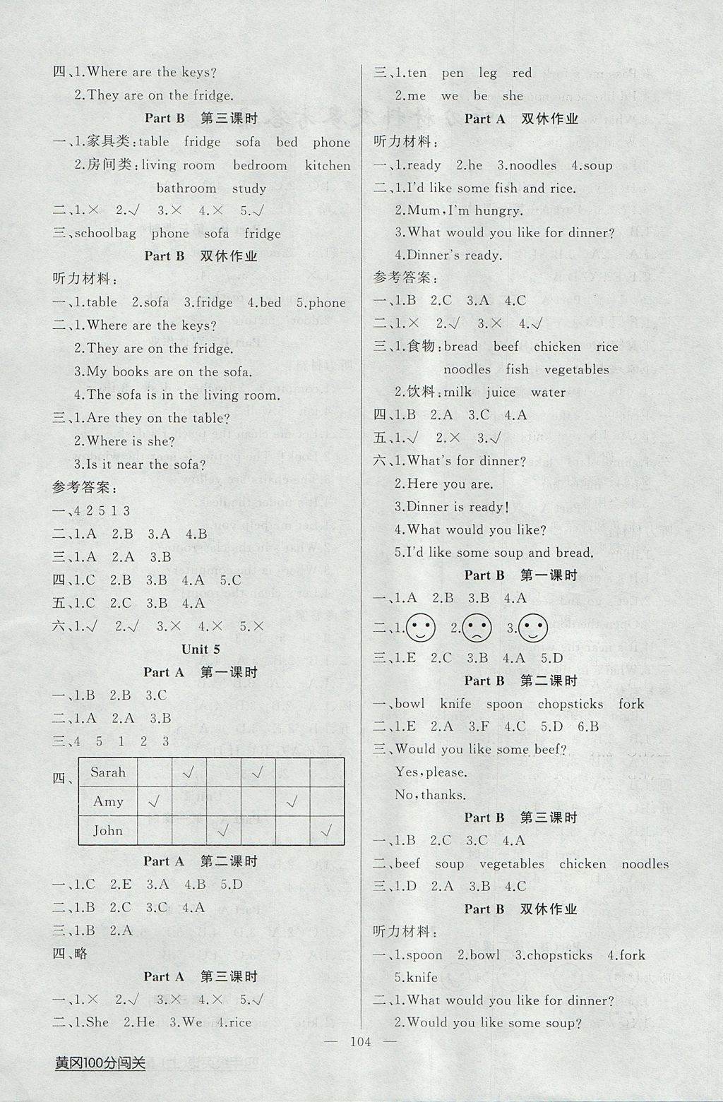 2017年黃岡100分闖關四年級英語上冊人教版 參考答案第4頁