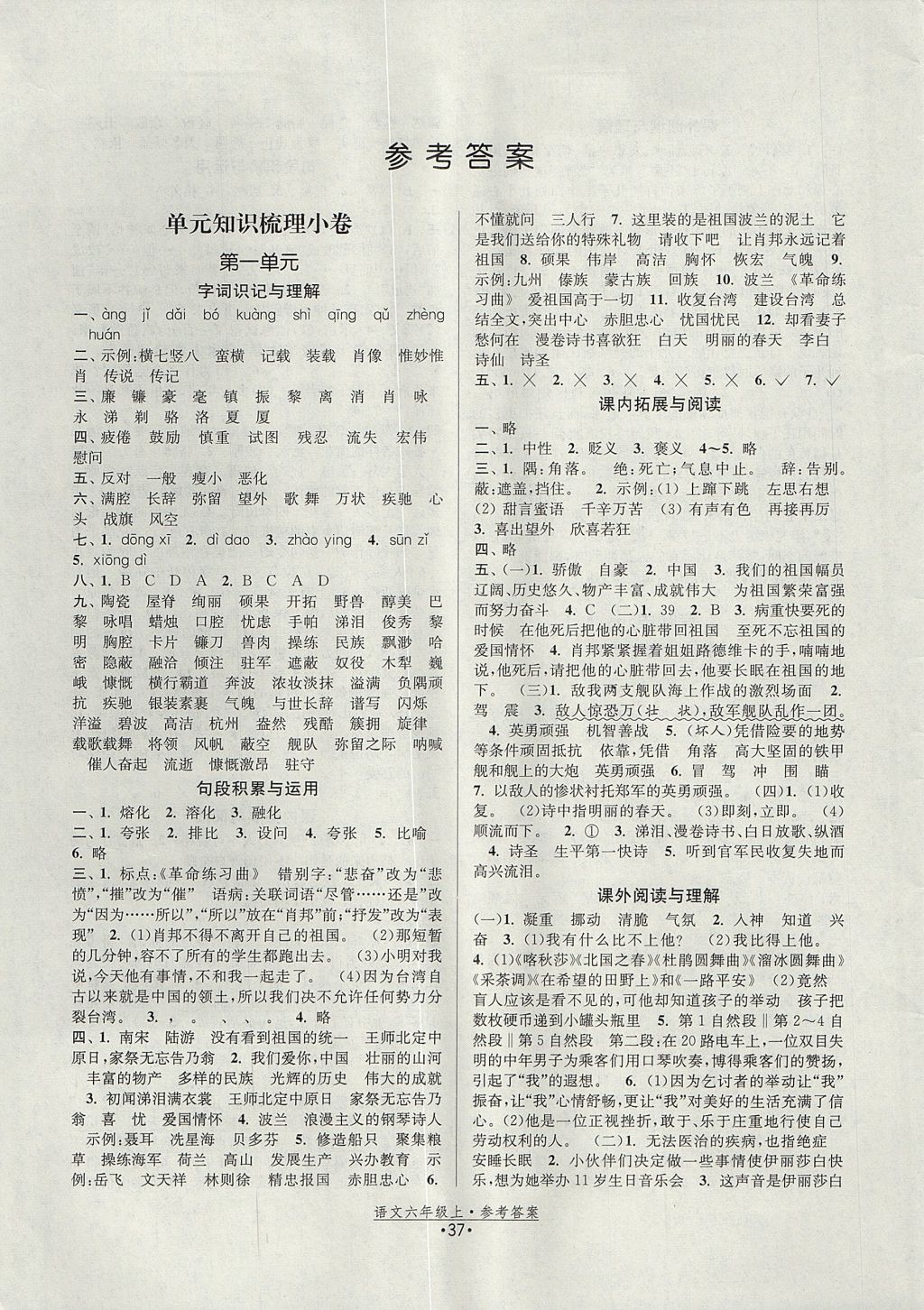 2017年壹學(xué)教育拉網(wǎng)提優(yōu)小卷六年級(jí)語(yǔ)文上冊(cè) 參考答案第1頁(yè)