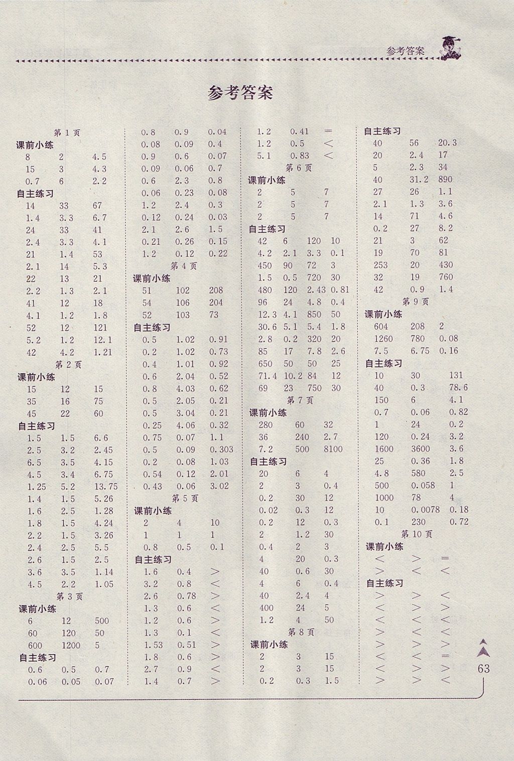 2017年黄冈小状元口算速算练习册五年级数学上册北师大版 参考答案第1页