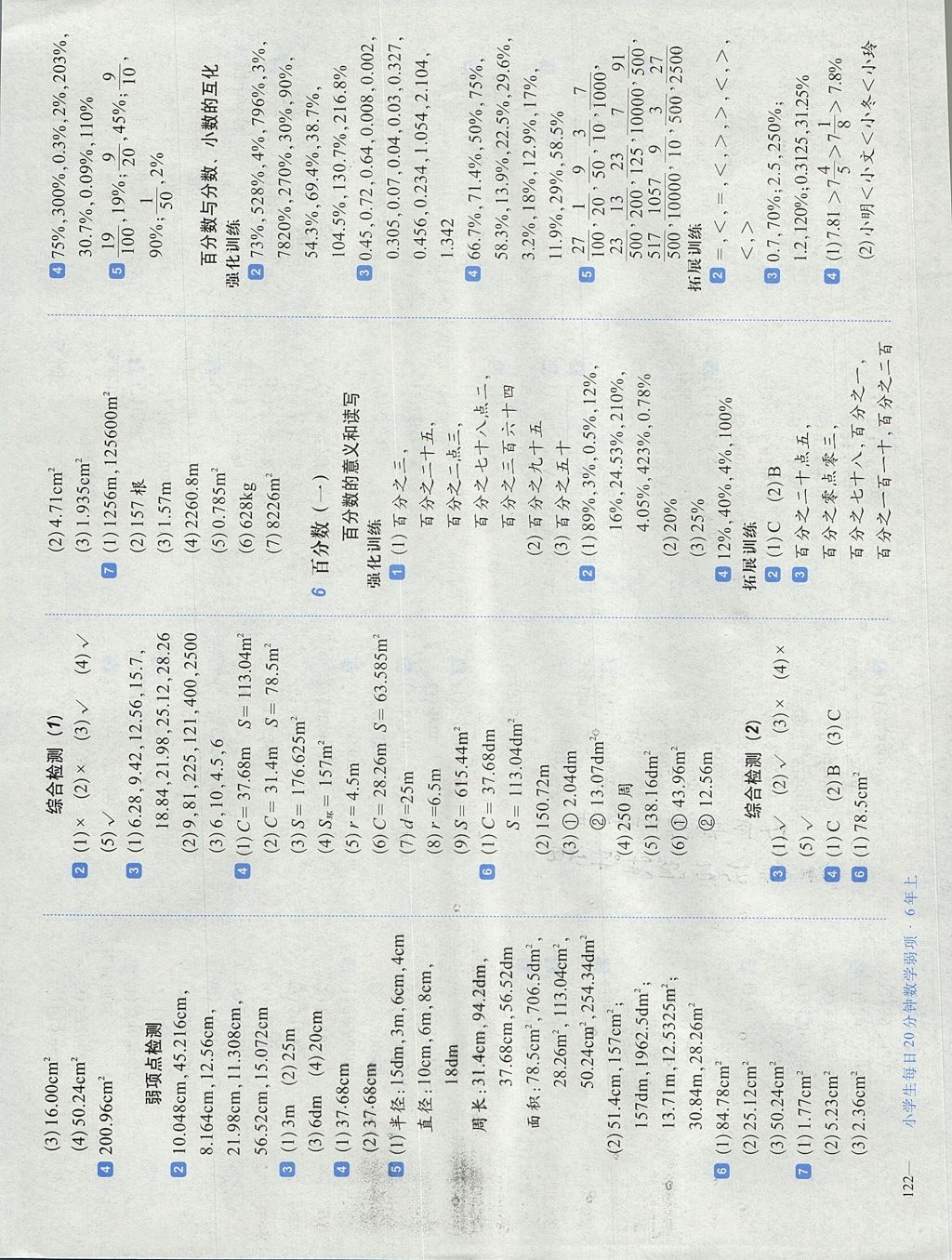 2017年小学生每日20分钟数学弱项六年级上册人教版 参考答案第8页