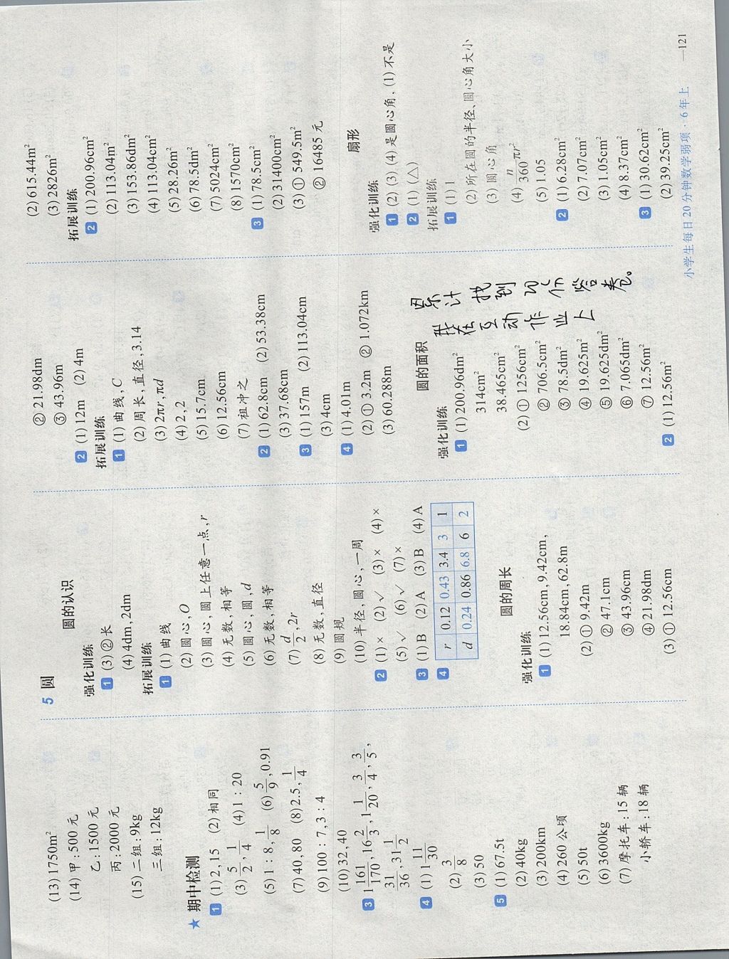 2017年小学生每日20分钟数学弱项六年级上册人教版 参考答案第7页