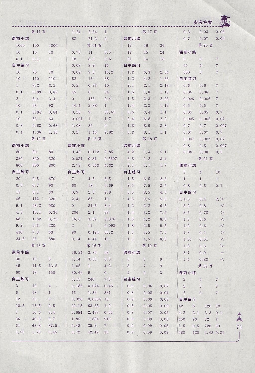 2017年黄冈小状元口算速算练习册五年级数学上册人教版 参考答案第3页