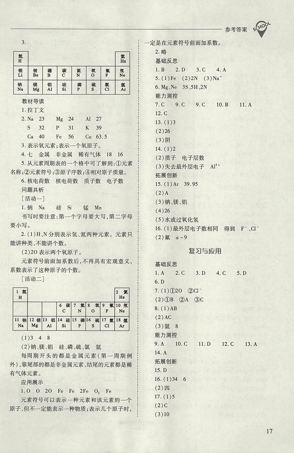 2017年新課程問題解決導(dǎo)學(xué)方案九年級化學(xué)上冊人教版 參考答案第17頁