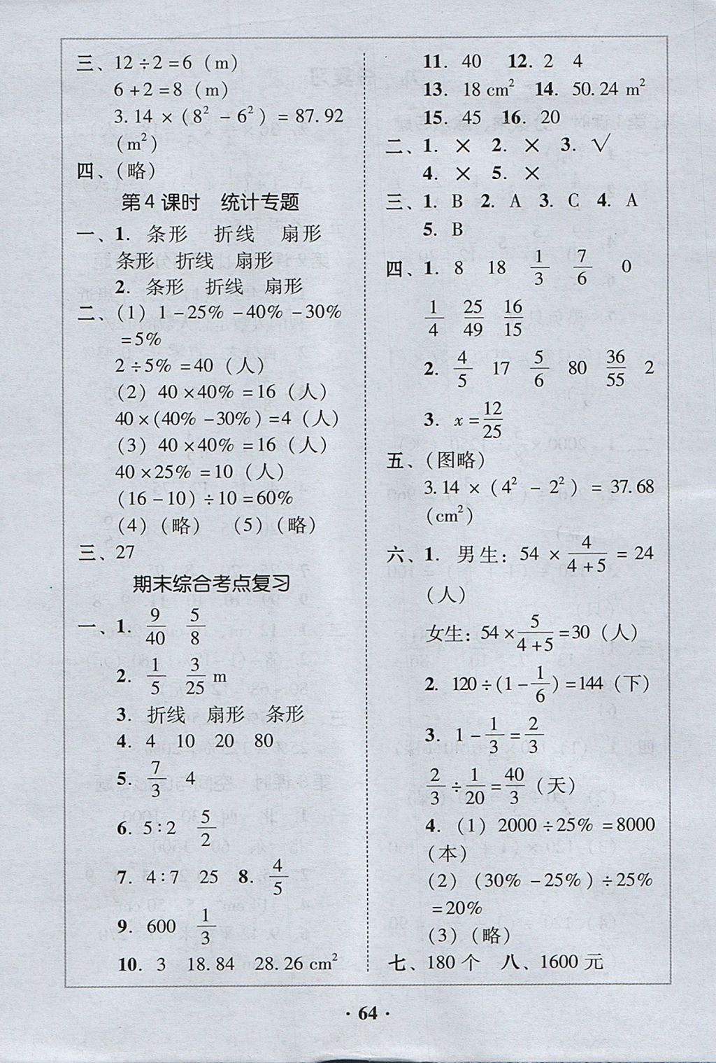 2017年家校導(dǎo)學(xué)六年級數(shù)學(xué)上冊人教版 參考答案第20頁