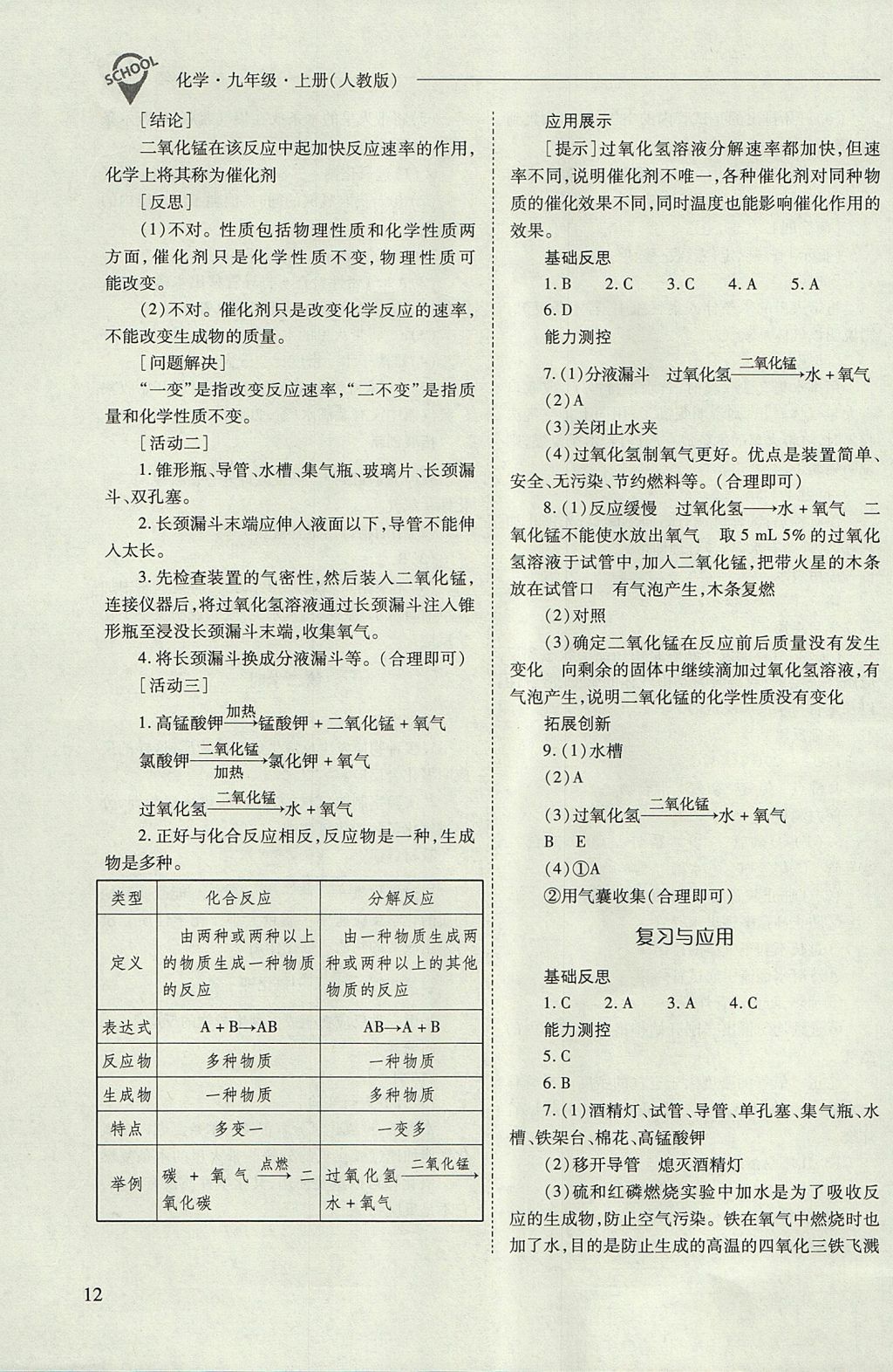 2017年新課程問題解決導(dǎo)學(xué)方案九年級化學(xué)上冊人教版 參考答案第12頁