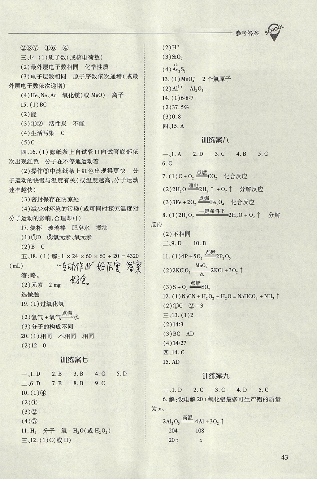 2017年新课程问题解决导学方案九年级化学上册人教版 参考答案第43页