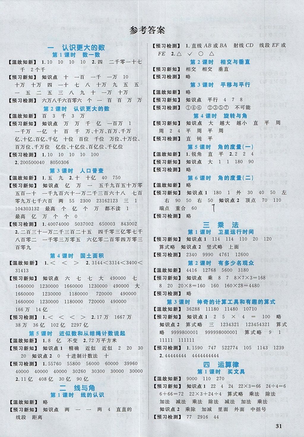 2017年阳光同学课时优化作业四年级数学上册北师大版深圳专版 预习单答案第9页