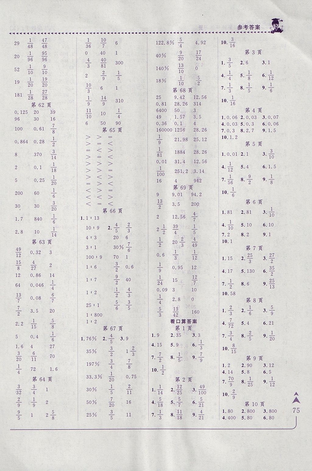 2017年黄冈小状元口算速算练习册六年级数学上册人教版 参考答案第7页