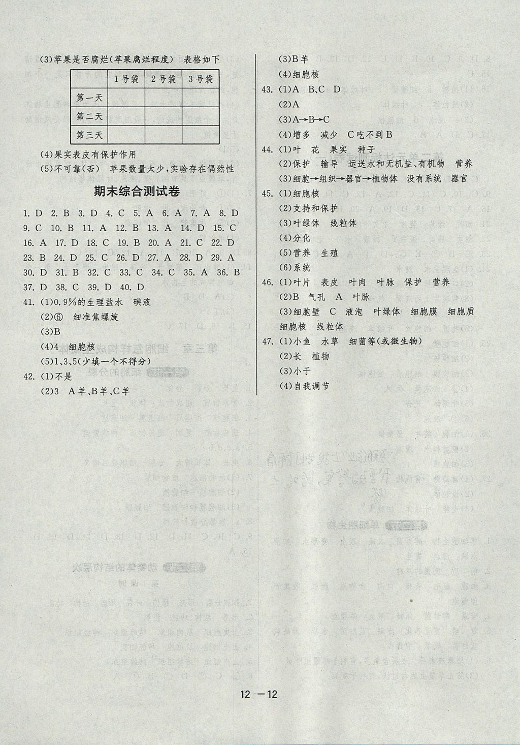 2017年1課3練單元達(dá)標(biāo)測試六年級生物學(xué)上冊魯科版五四制 參考答案第12頁