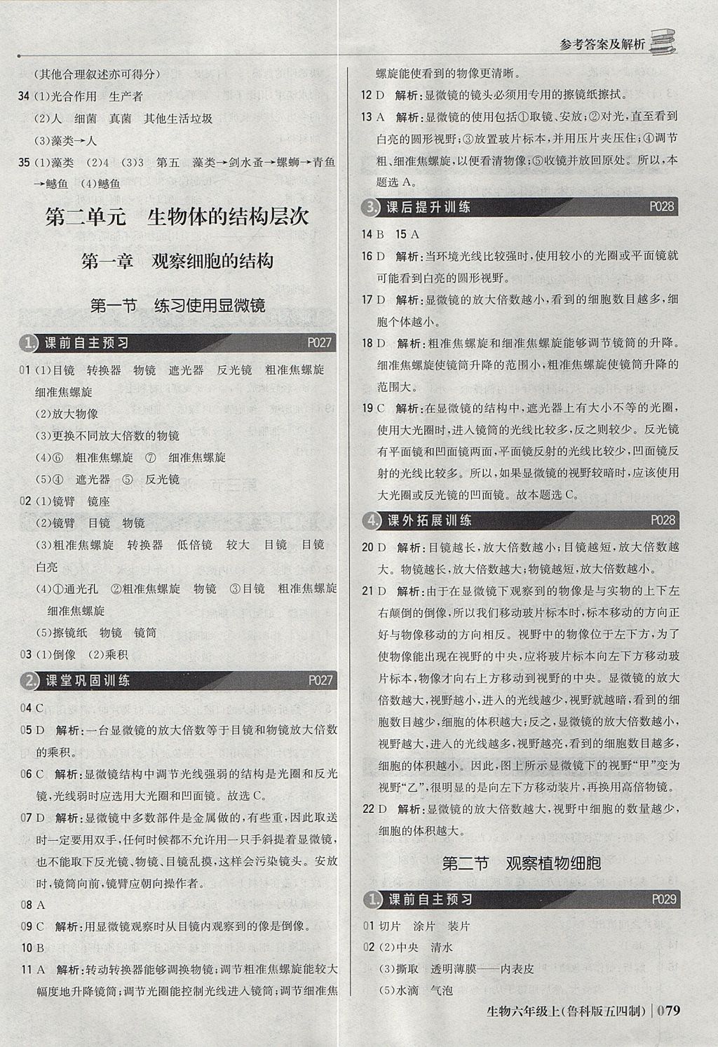 2017年1加1轻巧夺冠优化训练六年级生物上册鲁科版五四制银版 参考答案第8页