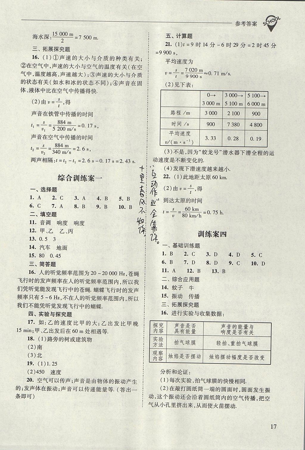 2017年新課程問題解決導(dǎo)學(xué)方案八年級物理上冊人教版 參考答案第17頁