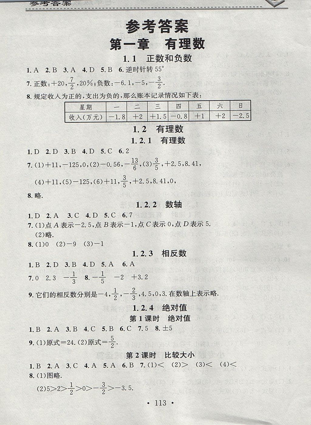 2017年名校課堂小練習七年級數(shù)學上冊人教版 參考答案第1頁