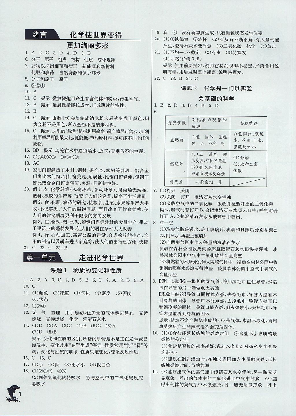 2017年实验班提优训练九年级化学上册人教版天津专版 参考答案第1页