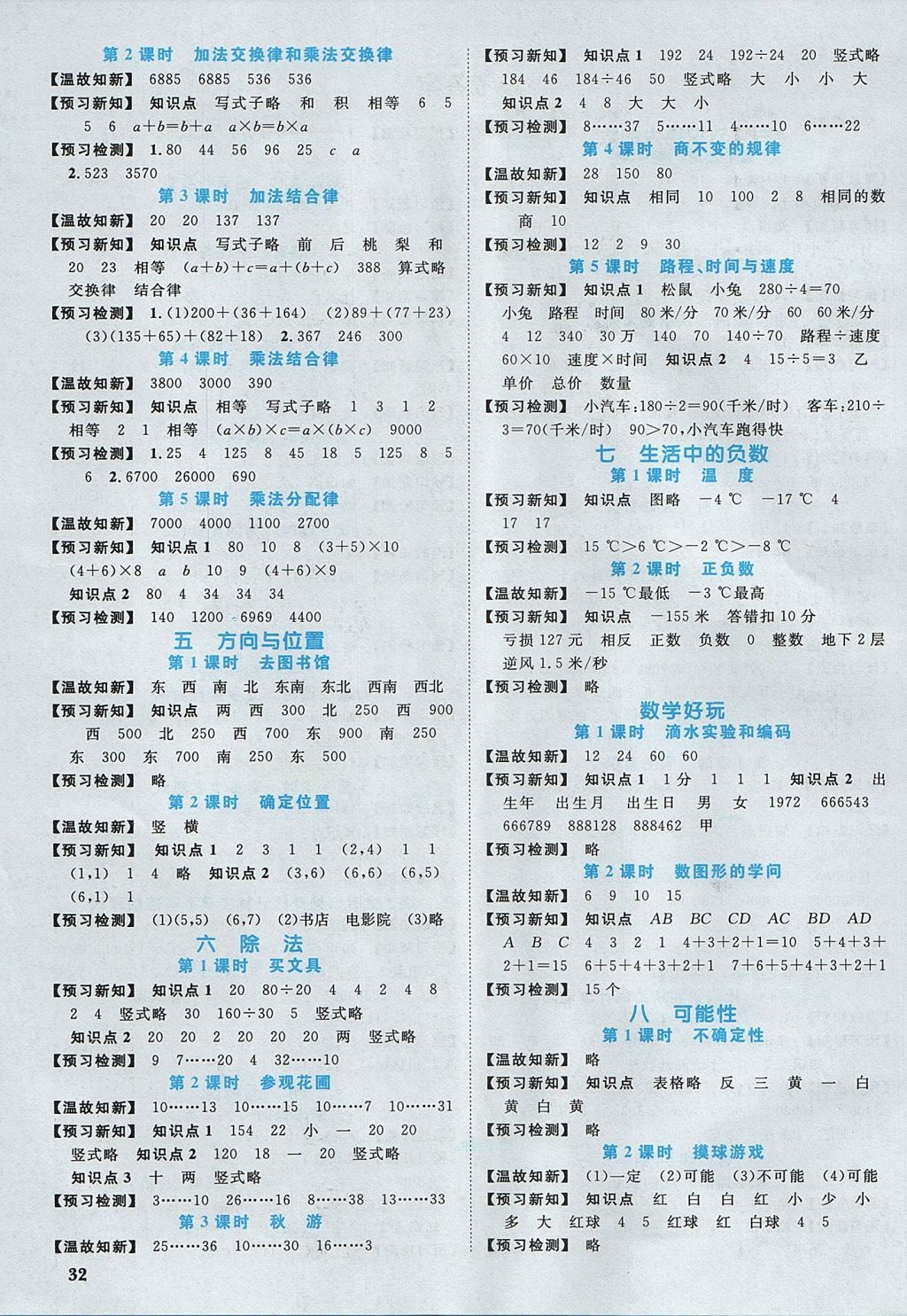 2017年阳光同学课时优化作业四年级数学上册北师大版 预习单答案第10页