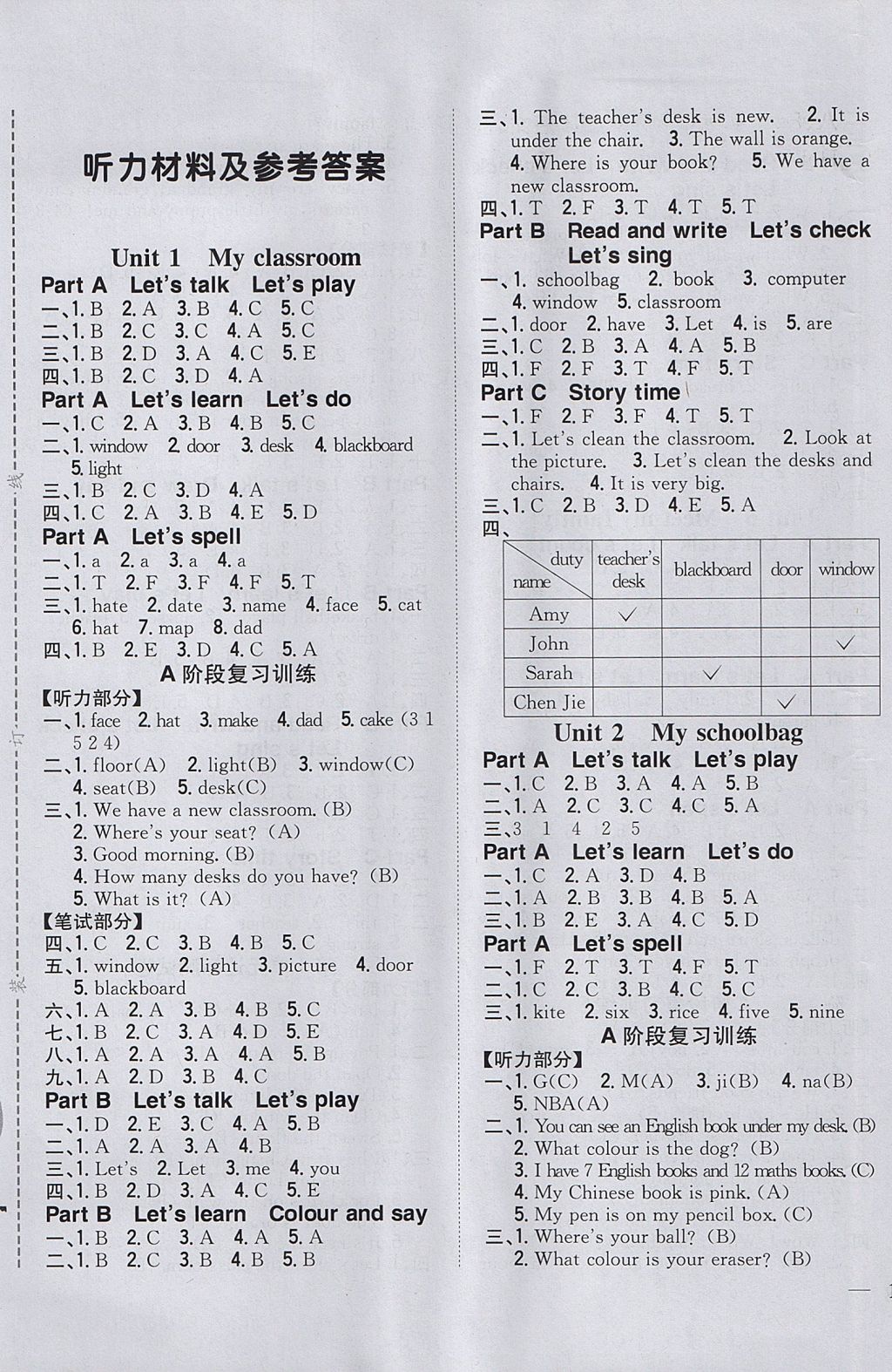 2017年全科王同步課時(shí)練習(xí)四年級(jí)英語上冊(cè)人教PEP版 參考答案第1頁