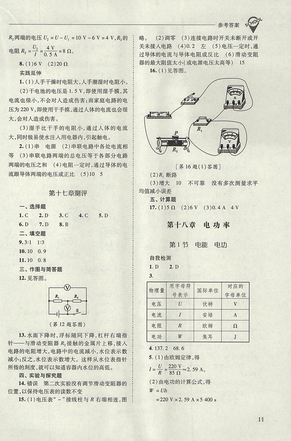 2017年新課程問(wèn)題解決導(dǎo)學(xué)方案九年級(jí)物理全一冊(cè)人教版 參考答案第11頁(yè)