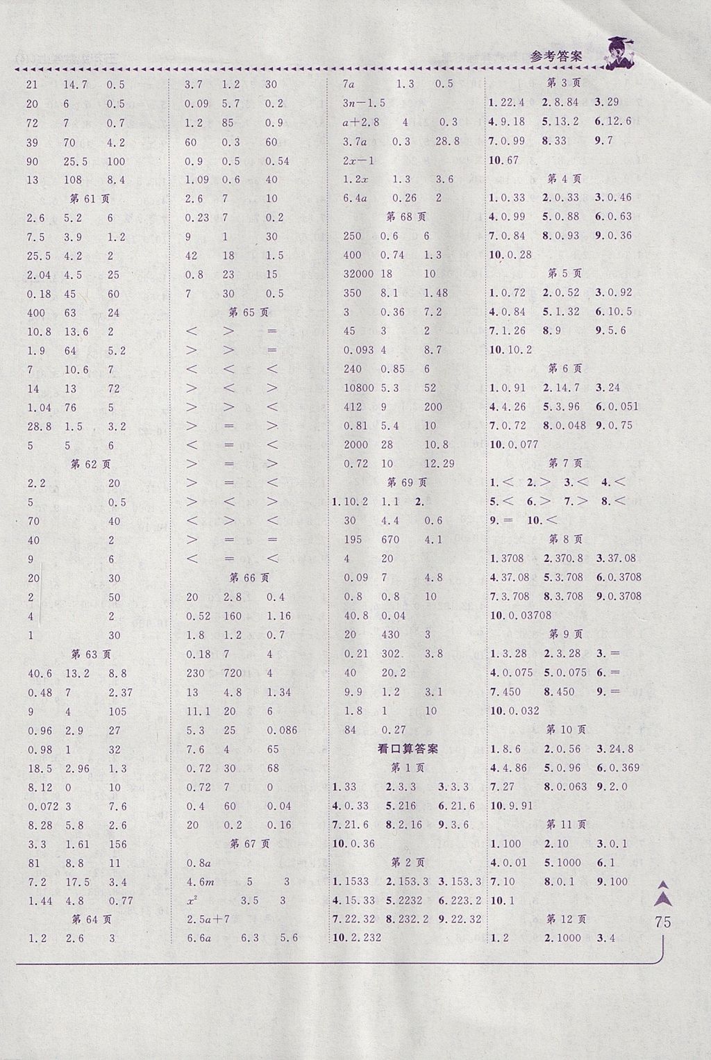 2017年黃岡小狀元口算速算練習冊五年級數(shù)學上冊人教版 參考答案第7頁