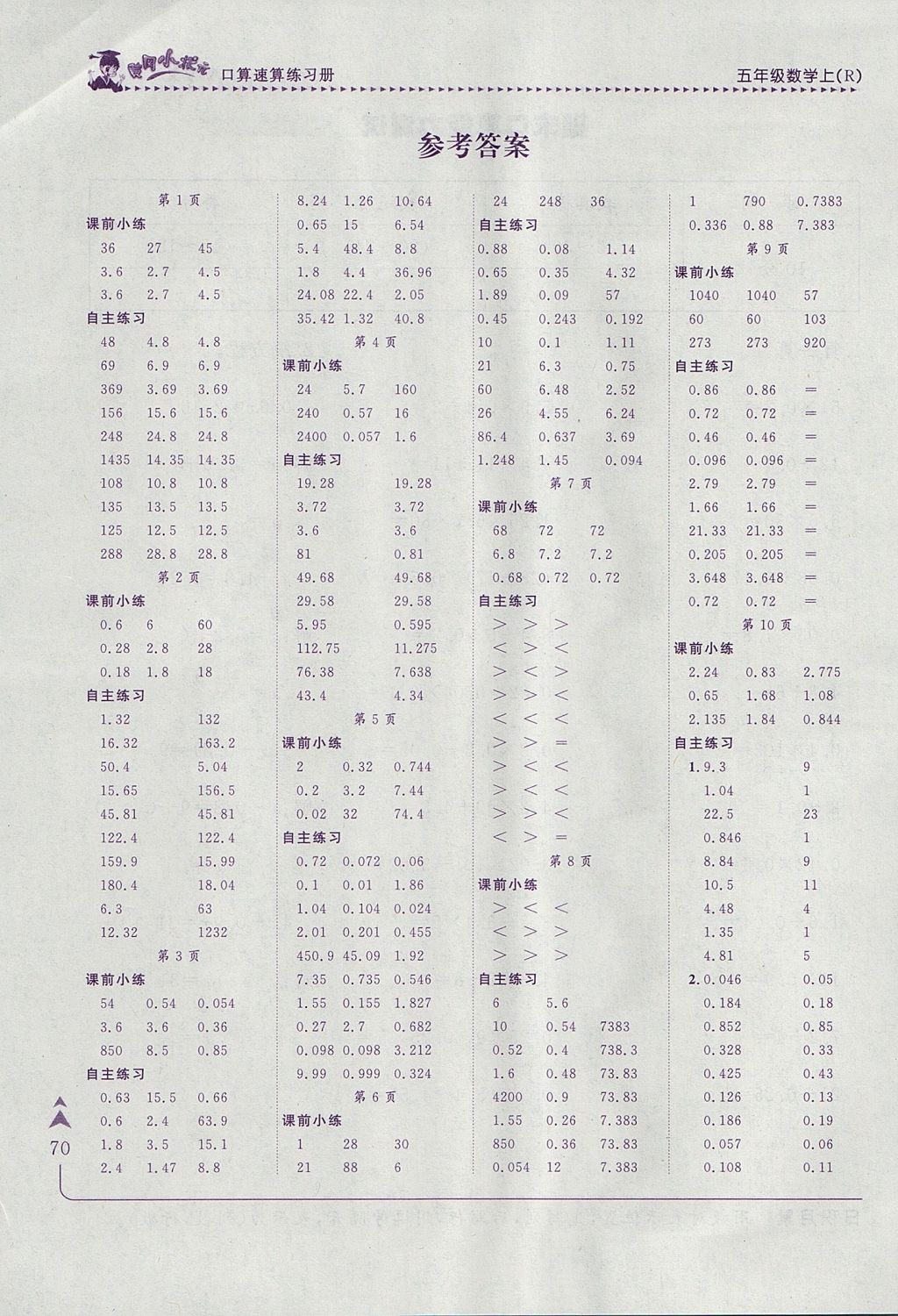 2017年黃岡小狀元口算速算練習(xí)冊五年級數(shù)學(xué)上冊人教版 參考答案第2頁