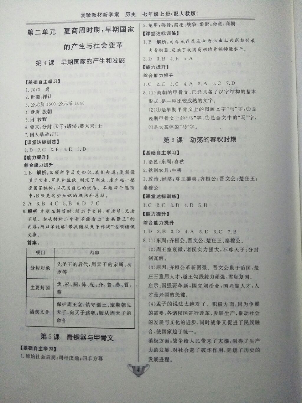 2017年實驗教材新學(xué)案七年級歷史上冊人教版 參考答案