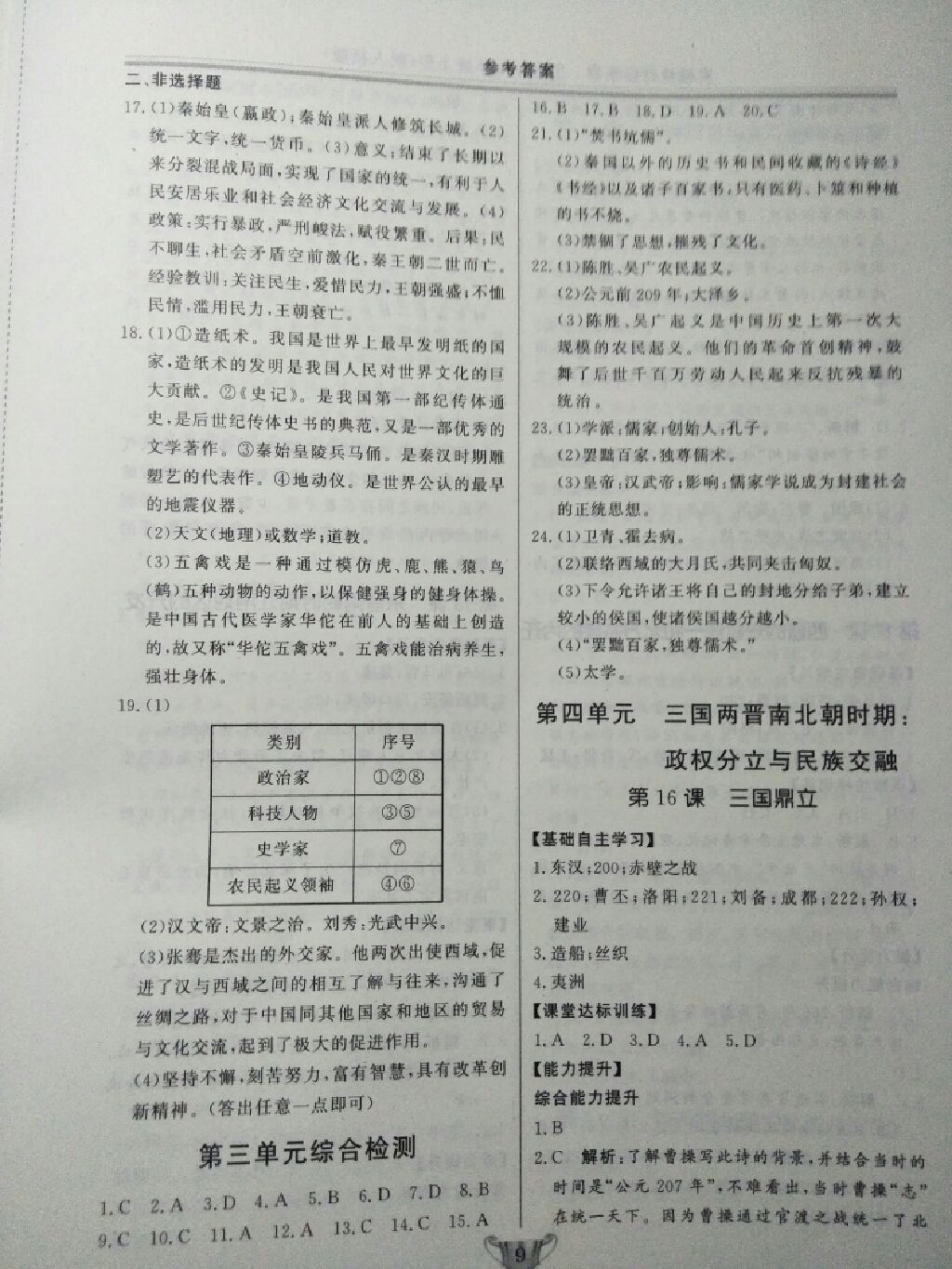 2017年實驗教材新學(xué)案七年級歷史上冊人教版 參考答案