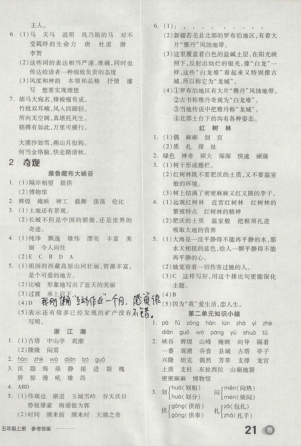 2017年全品學(xué)練考五年級語文上冊北師大版 參考答案第2頁