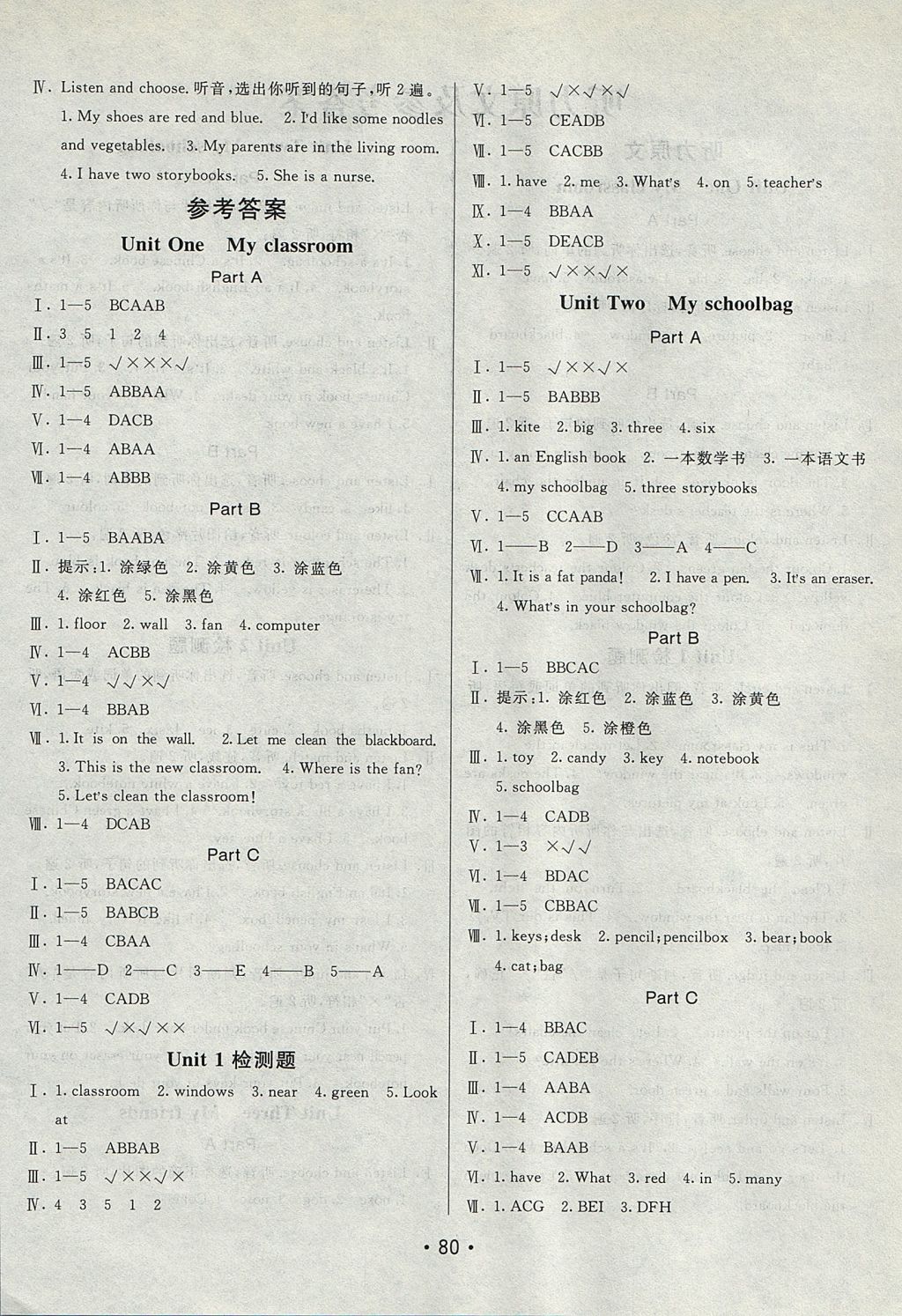 2017年同行課課100分過關(guān)作業(yè)四年級英語上冊人教PEP版 參考答案第4頁