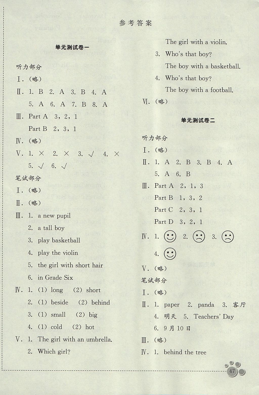 2017年小學(xué)英語單元測試卷五年級上學(xué)期閩教版福建教育出版社 參考答案第7頁