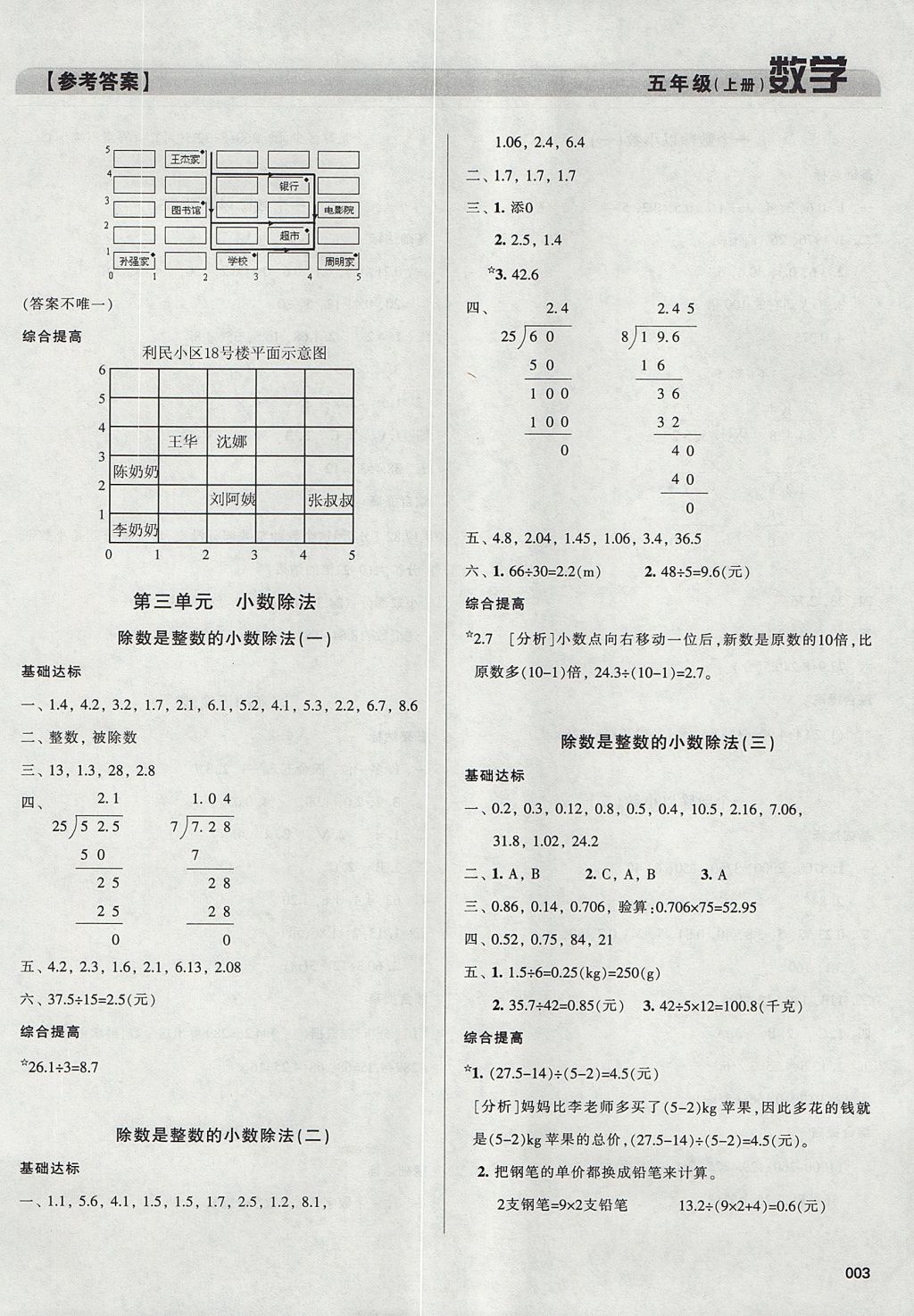 2017年学习质量监测五年级数学上册人教版 参考答案第3页