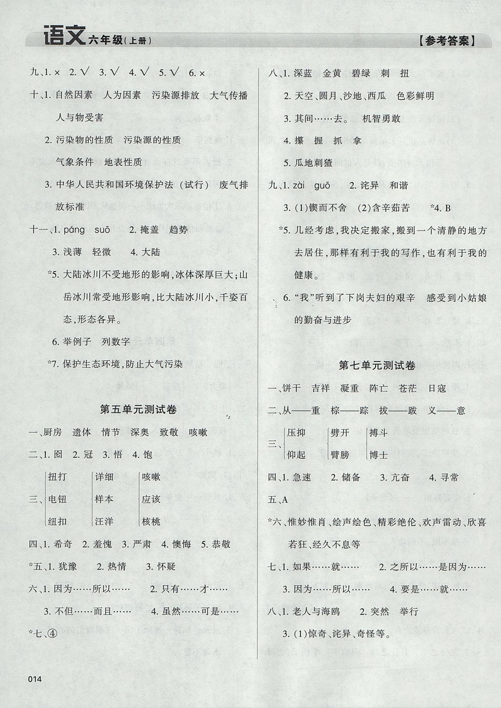 2017年学习质量监测六年级语文上册人教版 参考答案第14页