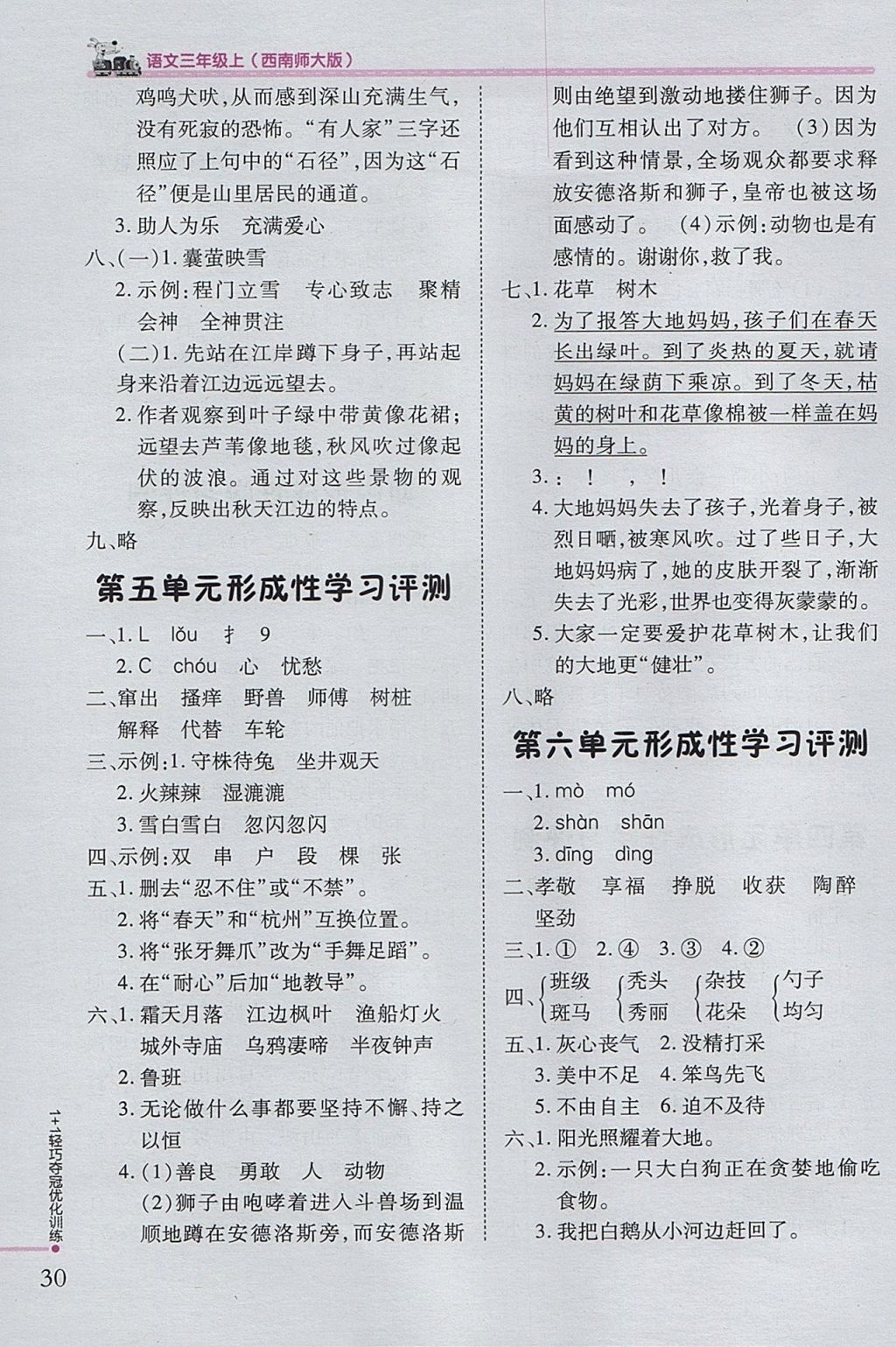 2017年1加1轻巧夺冠优化训练三年级语文上册西师大版银版 参考答案第15页