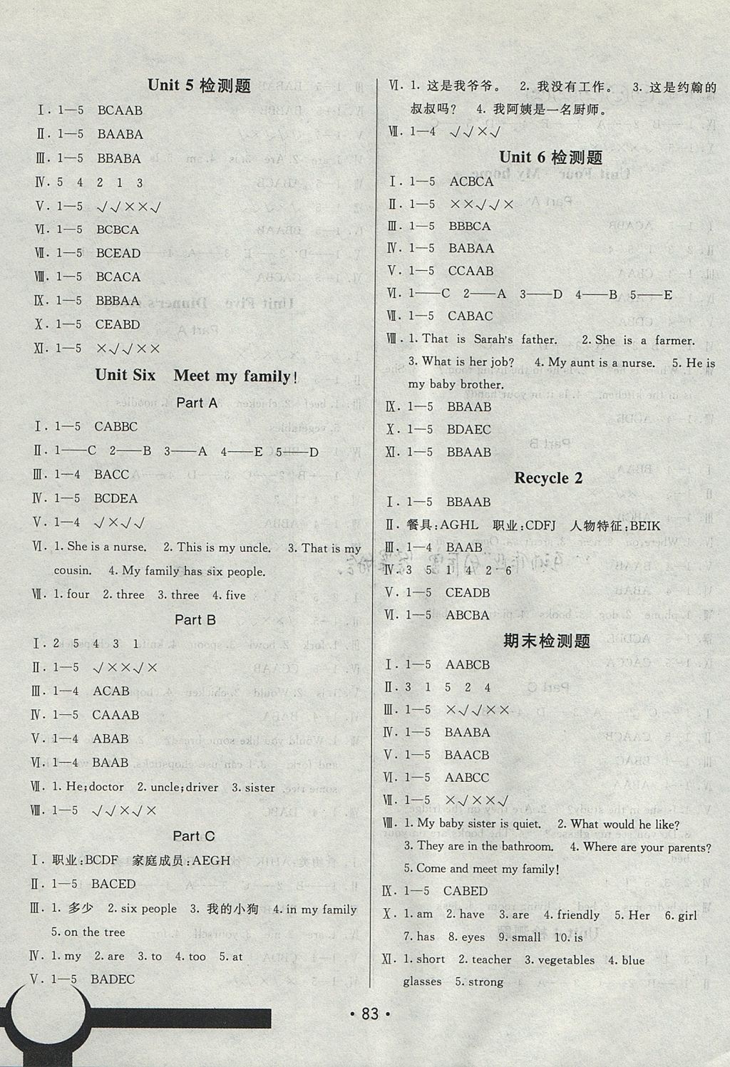 2017年同行課課100分過關(guān)作業(yè)四年級英語上冊人教PEP版 參考答案第7頁