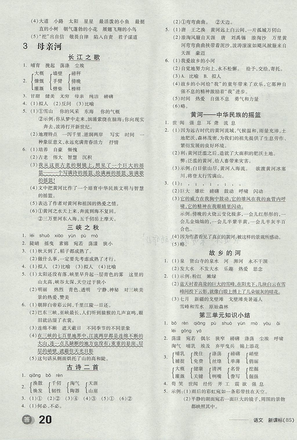 2017年全品学练考六年级语文上册北师大版 参考答案第3页