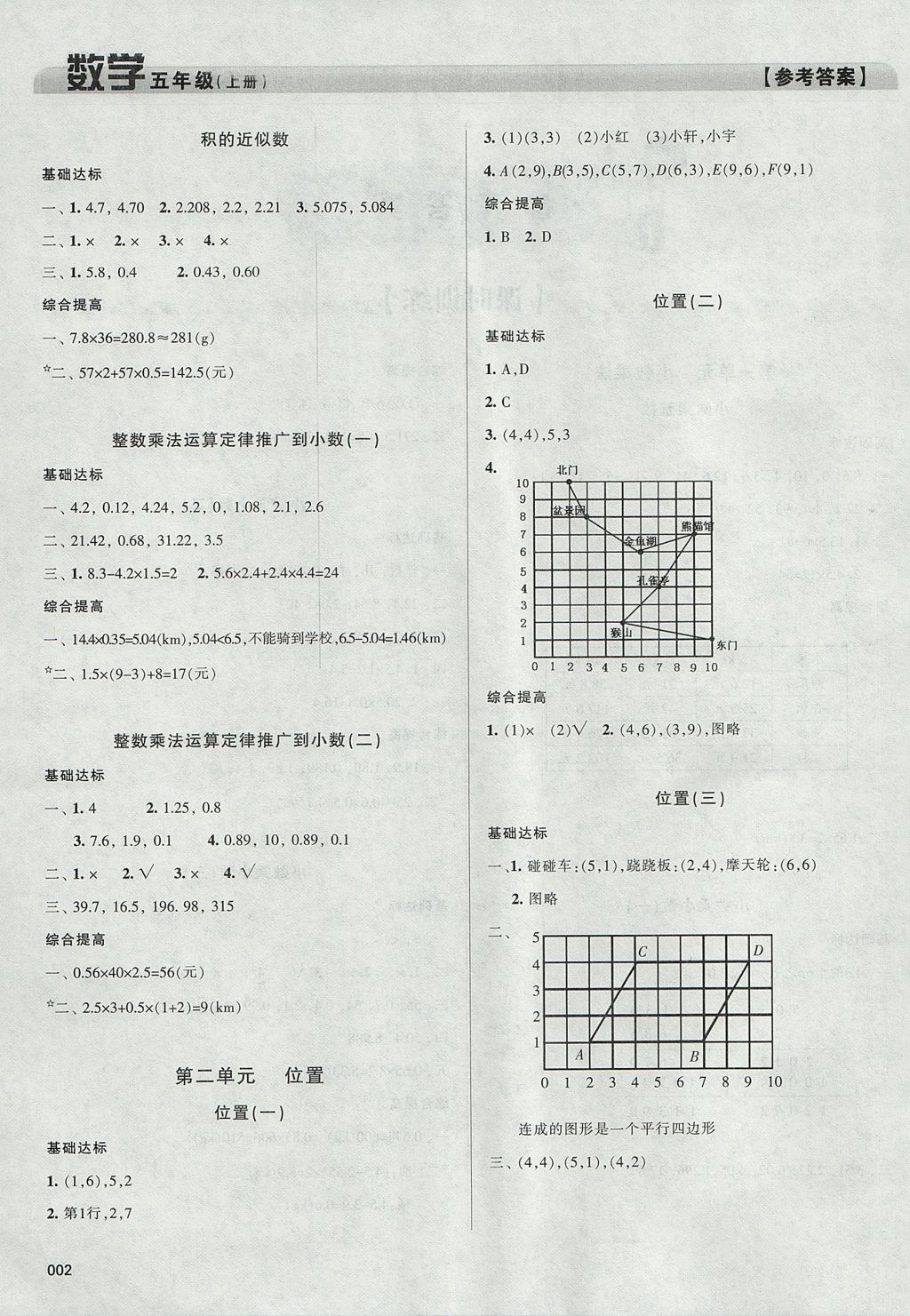 2017年学习质量监测五年级数学上册人教版 参考答案第2页