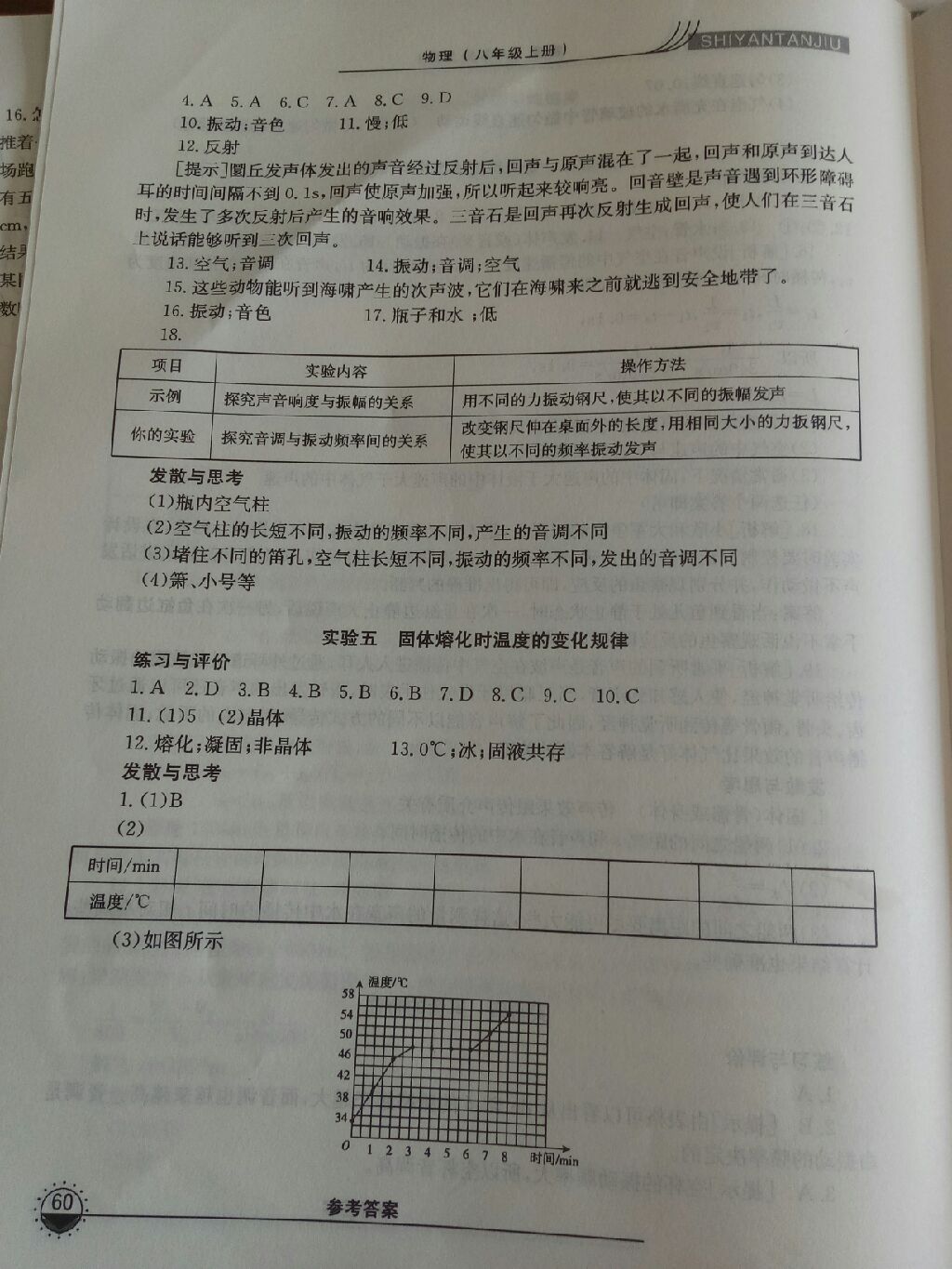 2017年實驗探究報告練習冊八年級物理上冊 參考答案