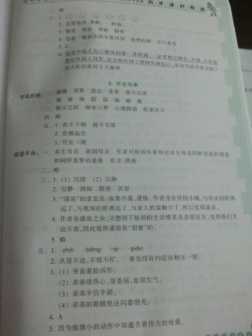 2017年浙江新课程三维目标测评同步课时特训六年级语文上册人教版 参考答案第4页