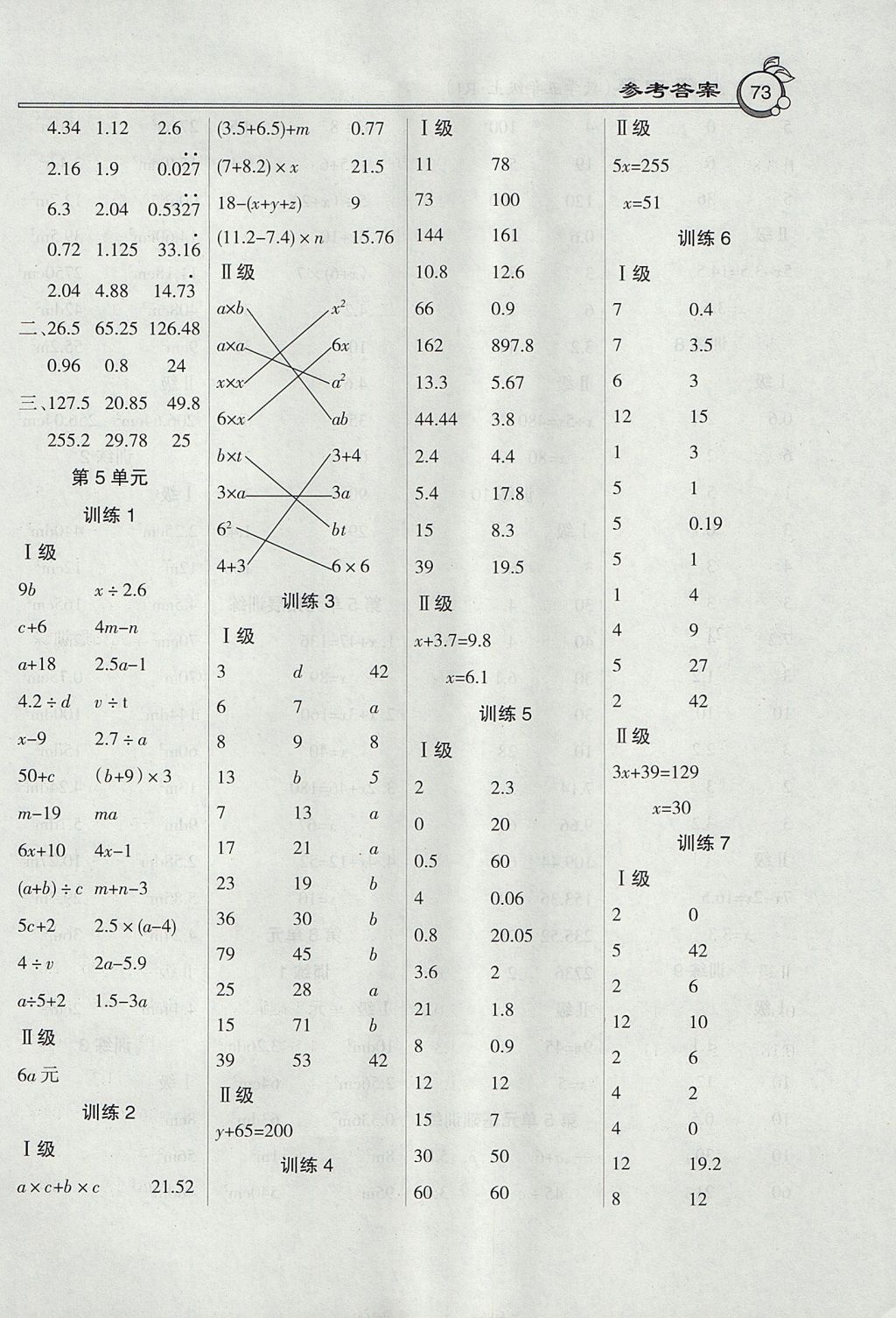 2017年小学数学A级口算五年级上册人教版 参考答案第5页