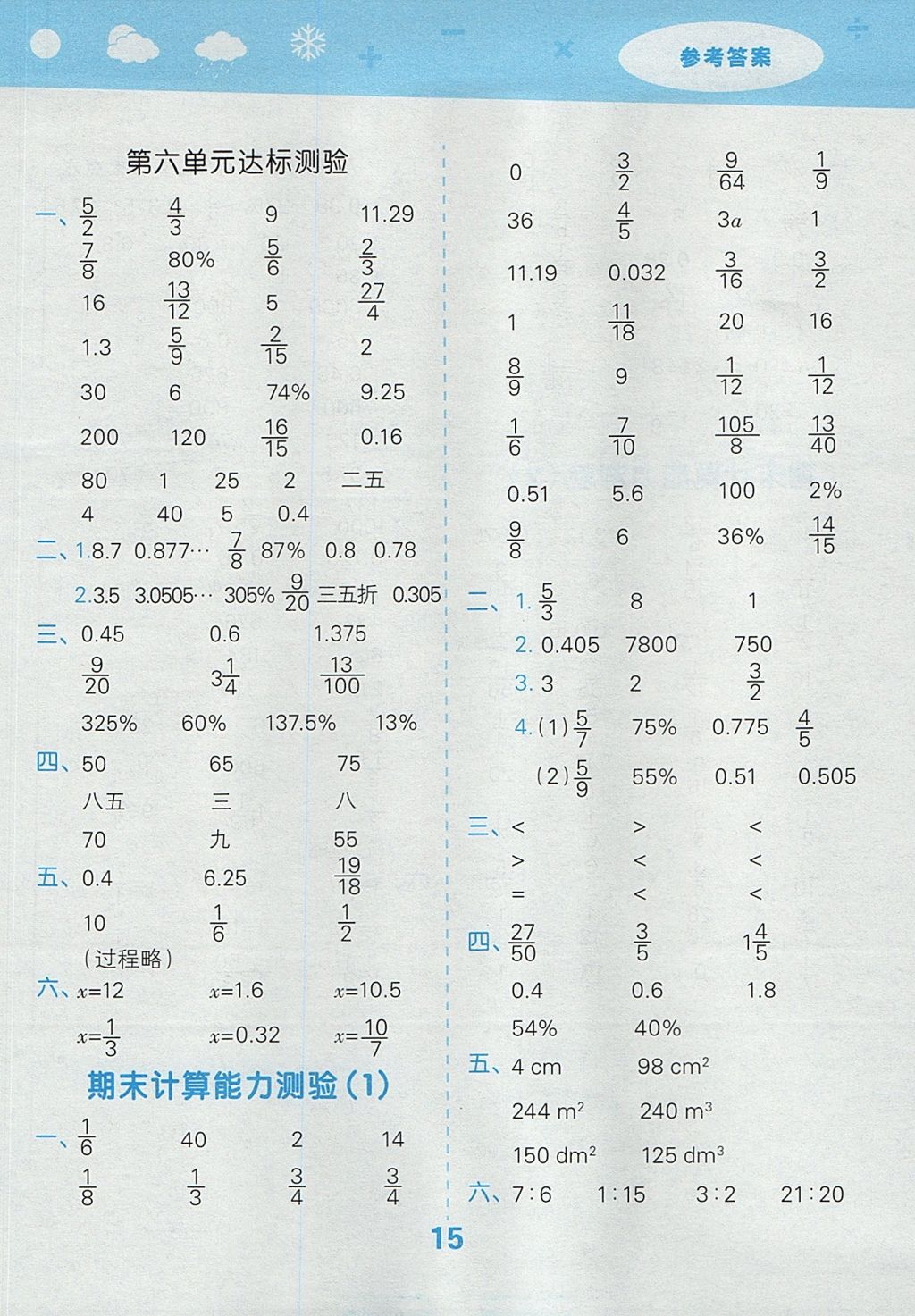 2017年小学口算大通关六年级数学上册苏教版 参考答案第15页