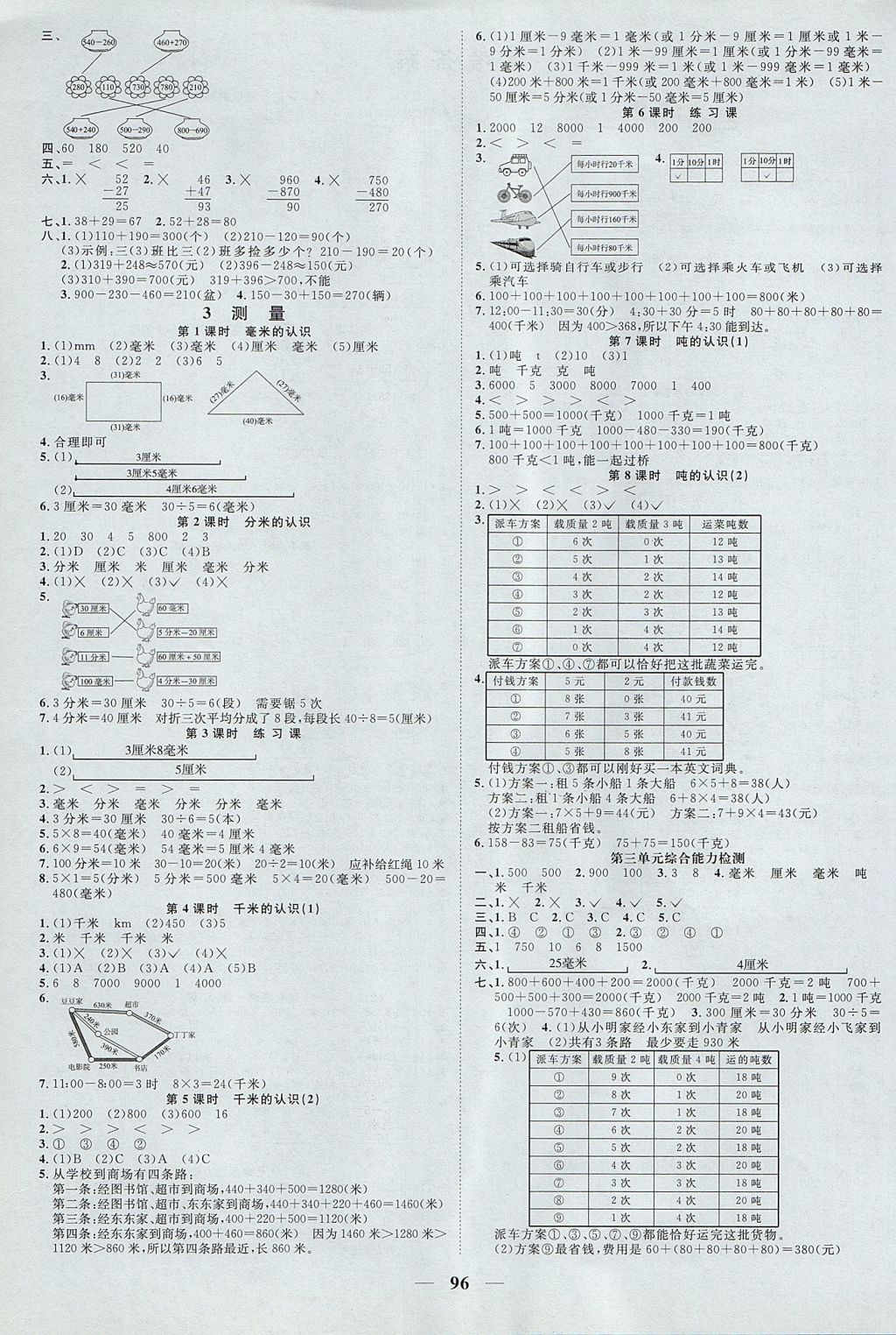 2017年阳光同学课时优化作业三年级数学上册人教版 参考答案第2页