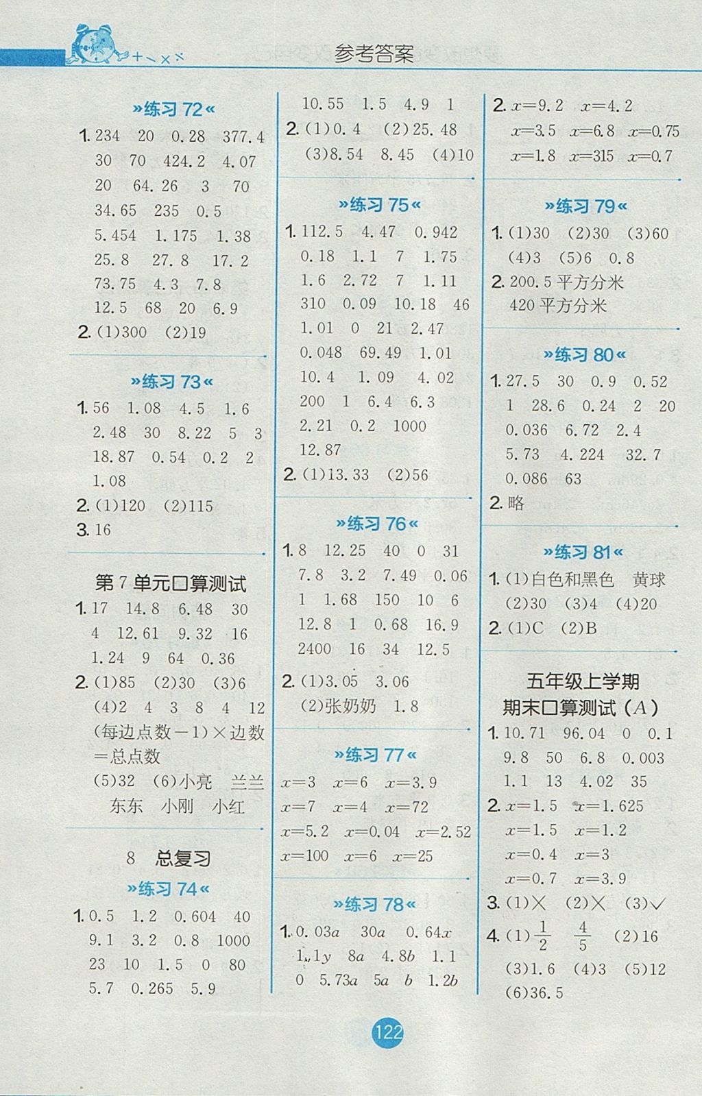 2017年小学数学口算心算速算天天练五年级上册人教版 参考答案第8页