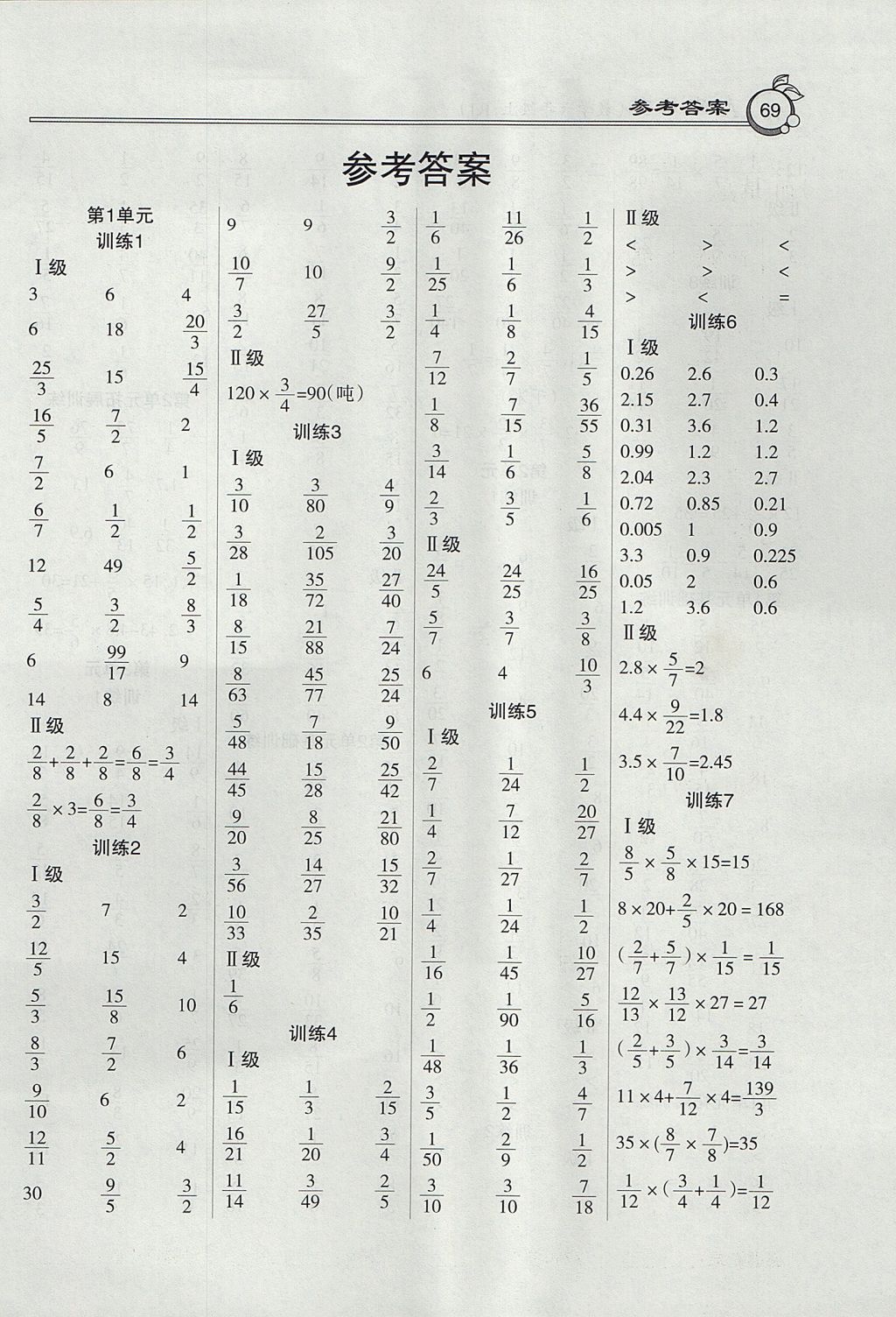 2017年小学数学A级口算六年级上册人教版 参考答案第1页