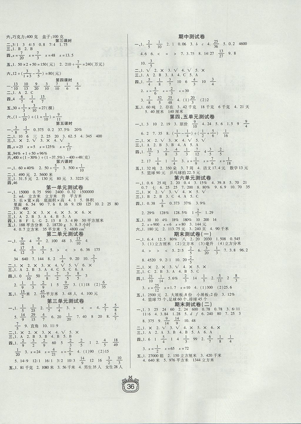 2017年世纪百通课时作业六年级数学上册江苏版 参考答案第4页