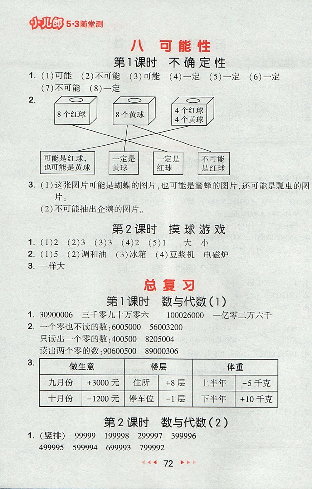 2017年53随堂测小学数学四年级上册北师大版 参考答案第14页