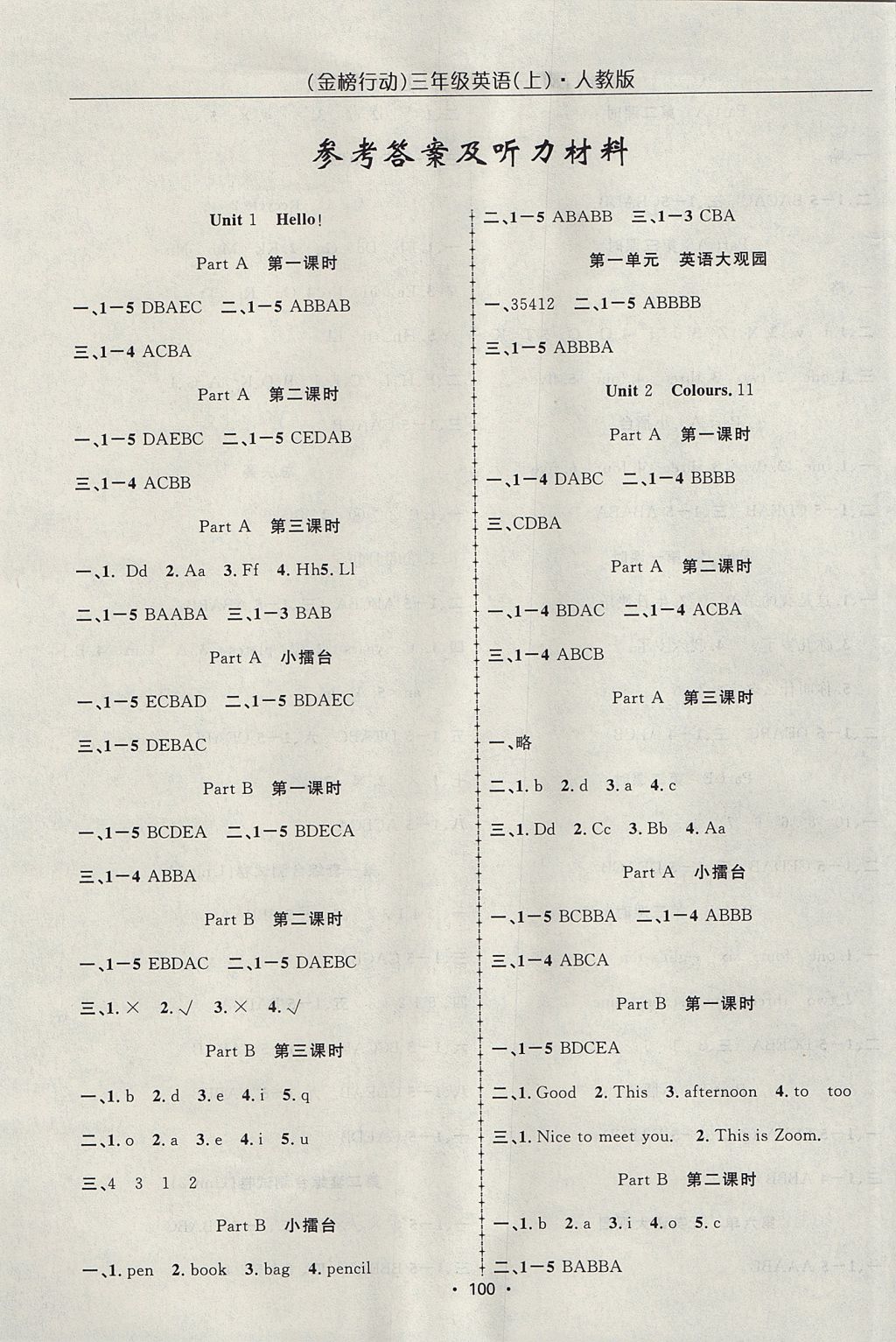 2017年金榜行動(dòng)高效課堂助教型教輔三年級(jí)英語(yǔ)上冊(cè)人教PEP版 參考答案第1頁(yè)