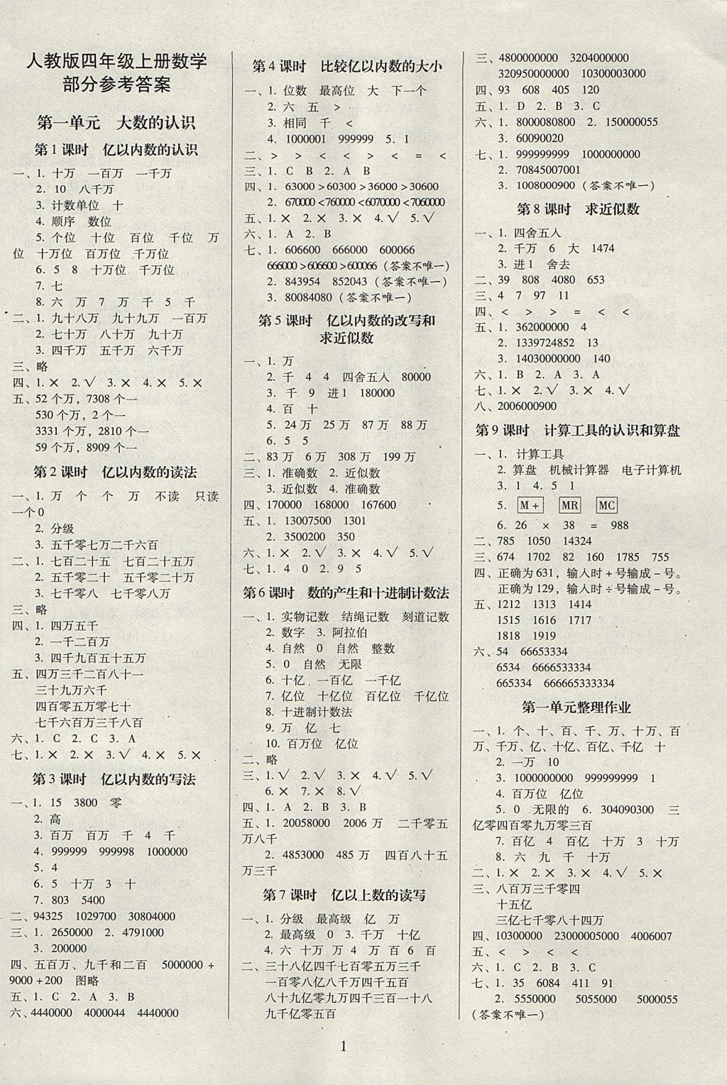 2017年云南师大附小一线名师提优作业四年级数学上册人教版 参考答案第1页