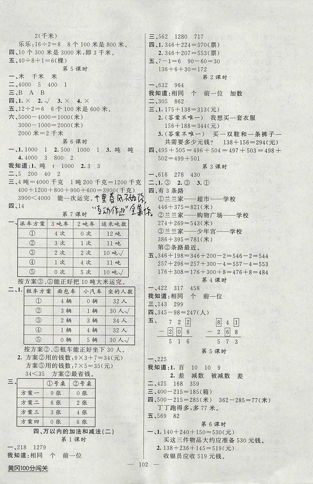 2017年黃岡100分闖關(guān)三年級(jí)數(shù)學(xué)上冊(cè)人教版 參考答案第2頁(yè)