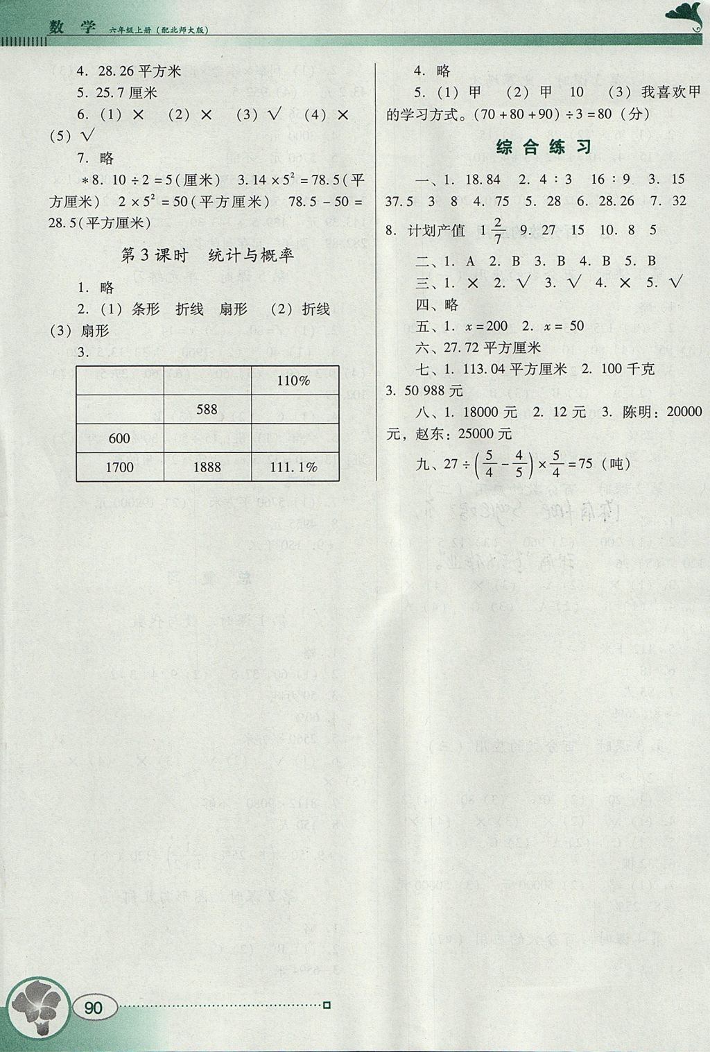 2017年南方新課堂金牌學(xué)案六年級(jí)數(shù)學(xué)上冊(cè)北師大版 參考答案第7頁