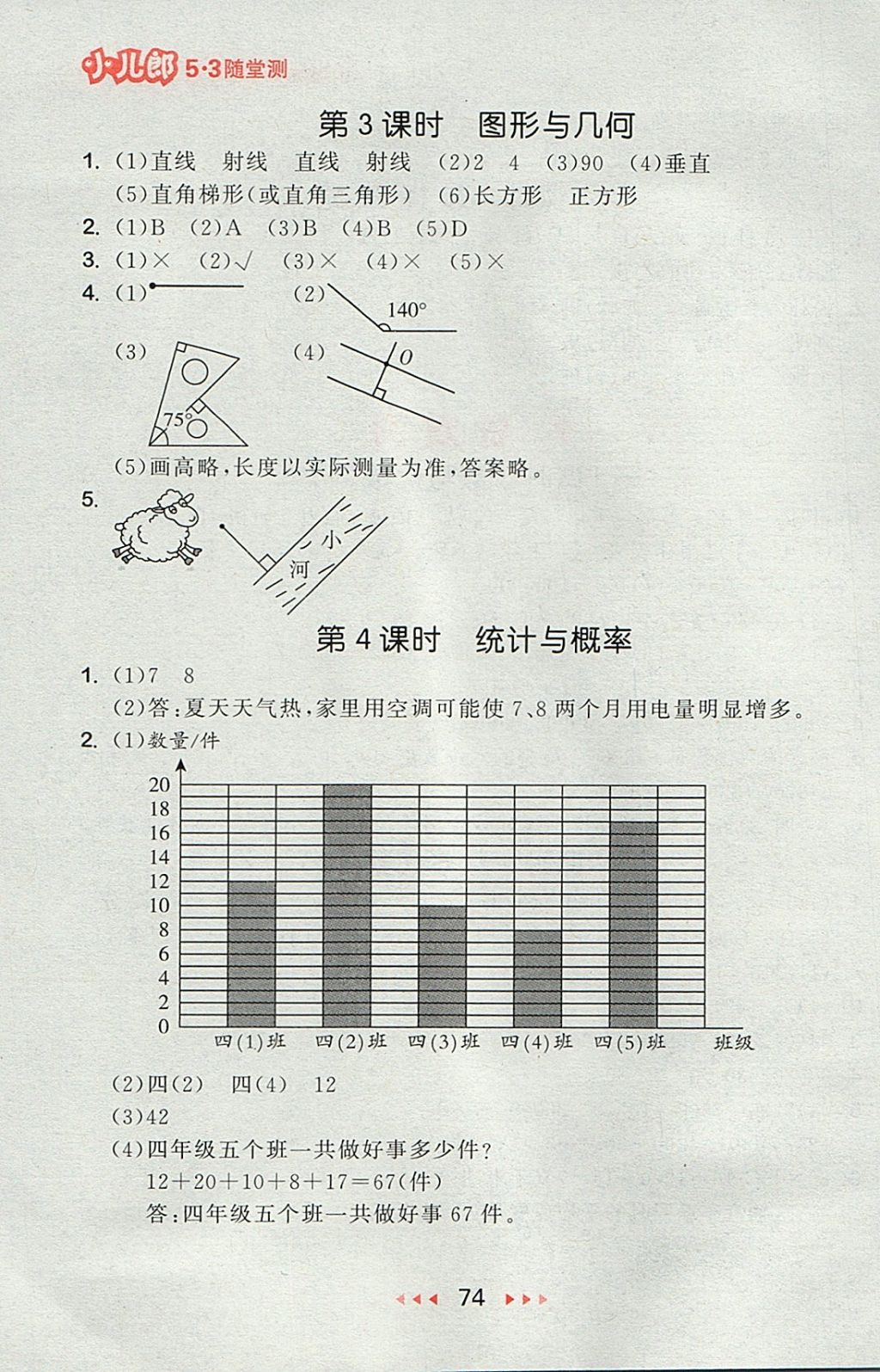 2017年53随堂测小学数学四年级上册人教版 参考答案第16页