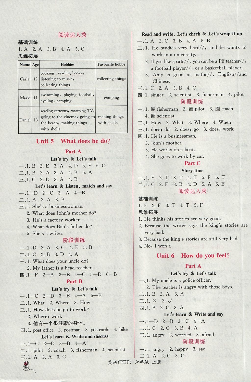 2017年同步導(dǎo)學(xué)案課時練六年級英語上冊人教PEP版三起 參考答案第4頁
