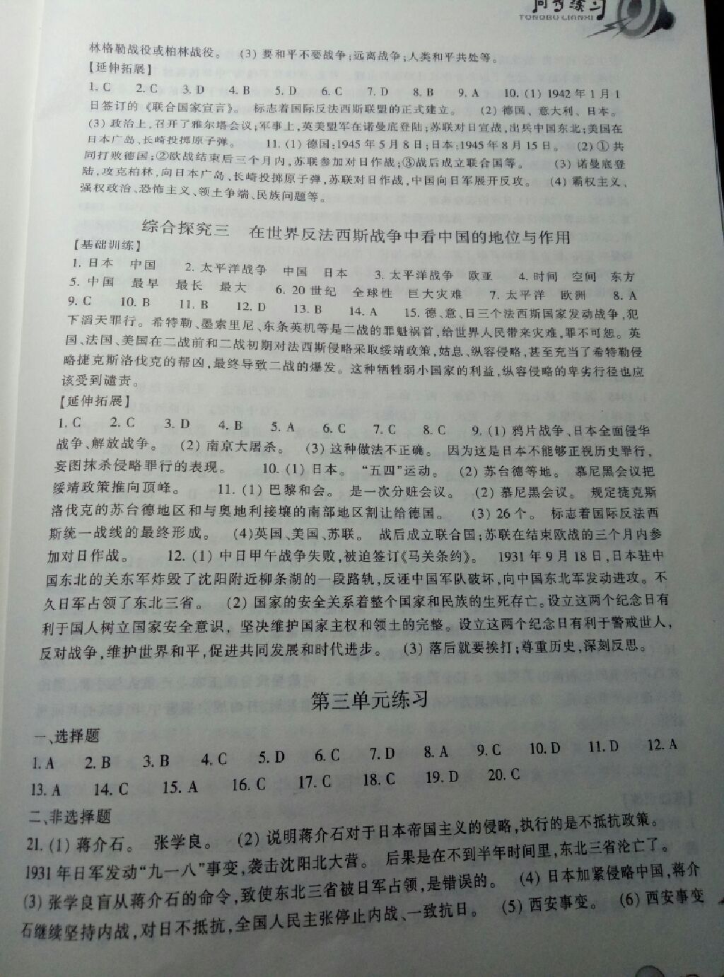 2017年同步練習(xí)九年級(jí)歷史與社會(huì)上冊(cè)人教版 參考答案